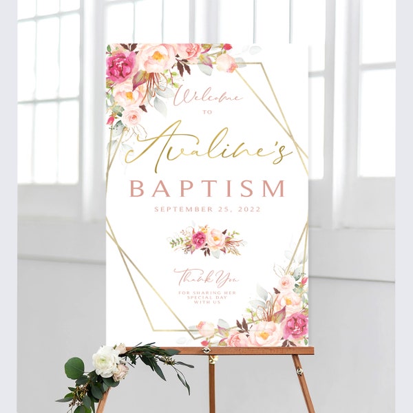 Pink Floral Baptism Welcome Sign and Bonus Printable | Baptism Celebration Sign | Romantic Blooms Greenery | Pink Roses | DIY Printable