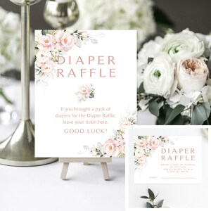 Pink Floral Diaper Raffle Sign and Card Set | 8 x 10 Printable | Bring Diapers | Blush Roses Greenery | Pink Roses | Instant Download
