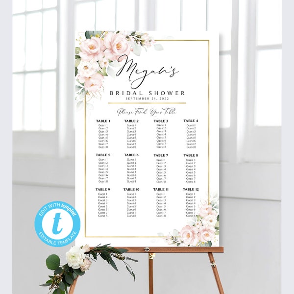 Pink Floral Seating Chart Template and Place Cards | EDIT with Templett | Two Templates | Instant Download | Seating Plan | Pink Roses