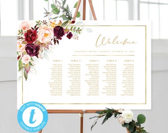 Burgundy Floral Seating Chart and Table Number Card Template | Templett | Editable Template | Event Seating | Burgundy Flowers