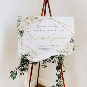 Letrero de bienvenida y bono de Greenery Boda Bienvenidos para imprimir / Descarga digital / Personalizado / Póster de bienvenida / Rosas crema / Rosas blancas