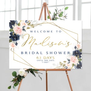 Blush and Navy Bridal Shower Welcome Sign  | Wedding Countdown Sign and Bonus Printable | Navy Blue Flowers | Blush and Navy | DIY Printable