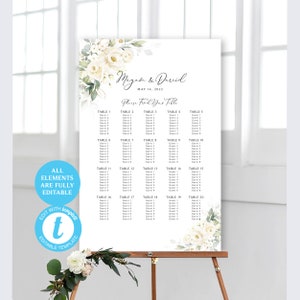 Greenery Seating Chart by Table and Place Card Template | Editable | 5 Templates | Wedding Seating Plan | Cream Roses | White Roses