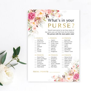 Spel roze bloemen vrijgezellenfeest | Wat zit er in je portemonnee? | 5 x 7 spelkaarten | Romantische bloemen | Roze rozen | Direct downloaden | DIY-afdrukbaar