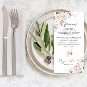 Cartão de prato floral rosa Gracias para impressão | Download digital | Personalizado || Vários tamanhos | Rosas blush, folhagens | DIY para impressão