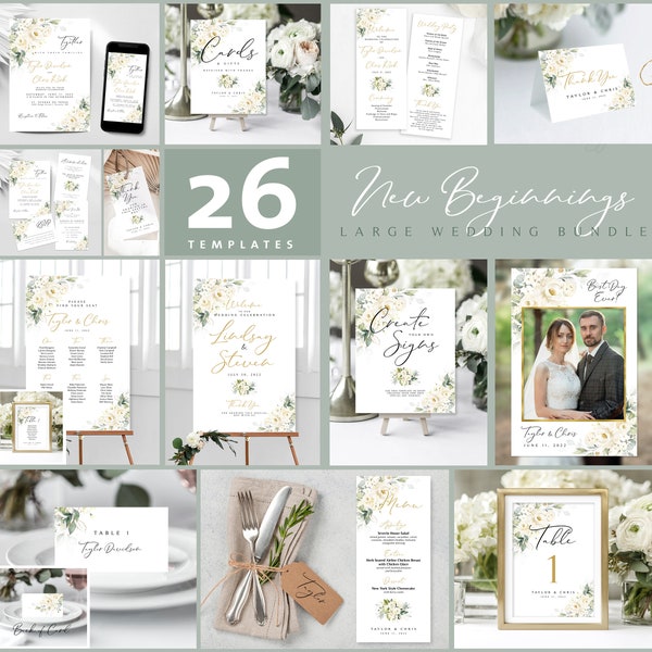 Greenery Wedding Bundle | 26 Templates | Wedding Day Sign Bundle | Editable Templates | Wedding Stationery | Cream Roses Greenery | Templett