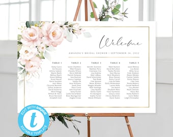 Pink Floral Seating Chart and Place Card Templates | Editable Template | EDIT with Templett | Blush Roses | Instant Download | Event Seating