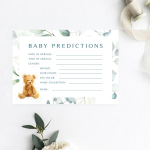 Groene teddybeer baby voorspellingen kaart | 3,5 x 5 insteekkaart | Eucalyptus en teddybeer | Direct downloaden | DIY-afdrukbaar