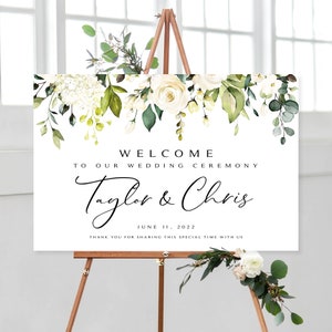 Panneau de bienvenue pour mariage Greenery : roses crème et blanches (imprimable à faire soi-même)