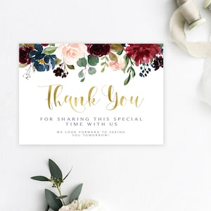 Marsala Floral Thank You Card: Burgundy Navy Rehearsal Dinner (Digital Download)