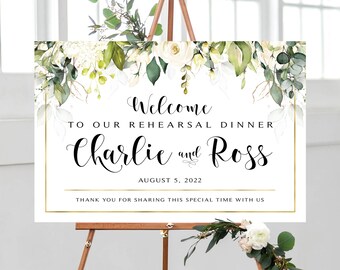 Greenery Rehearsal Dinner Welcome Sign and Thank You Cards | Welcome Printable | Rehearsal Dinner Decor | Cream Roses | White Roses
