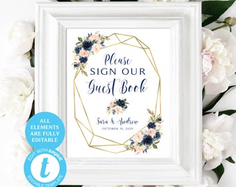 Blush and Navy Wedding Guest Book Sign | 8 x 10 | Editable Template | EDIT with Templett | Blush and Navy |  | Greenery | Printable