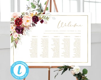 Burgundy Floral Seating Chart Template and Table Number Cards | Templett | 24 x 36 | Event Seating | Editable Template | Burgundy Flowers