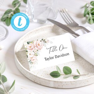 Plantilla para tarjetas de lugar con flores rosas / Planas y dobladas / Plantilla editable / Tarjetas de nombre para bodas / Imprimibles / Tarjetas para asientos con flores