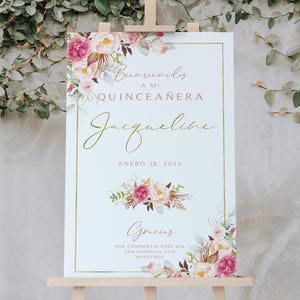 Segno floreale rosa Quinceañera Bienvenidos (stampabile digitale)