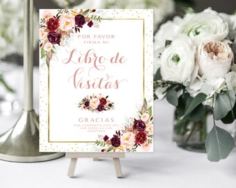 Burgundy Floral Libro de Visitas | 8 x 10  | Guest Book Sign | Marsala Blooms | Burgundy Roses | Instant Download | DIY Printable