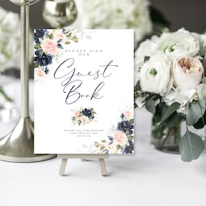Blush and Navy Guest Book Sign | 8 x 10 | Wedding Guest Book | Please Sign Our Guest Book | Blush and Navy Greenery | Instant Download