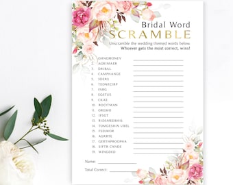 Pink Floral Bridal Shower Game | Bridal Word Scramble | 5 x 7 Game Cards | Romantic Blooms | Pink Roses | Instant Download | DIY Printable