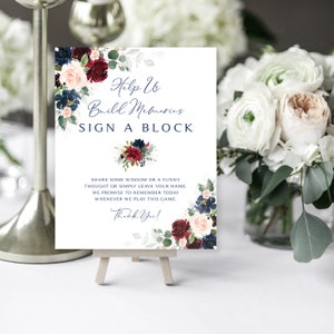 Burgundy and Navy Help Us Build Memories | Sign a Block | 8 x 10 | Blue Flowers | Guest Book Alternative | Burgundy and Navy Greenery