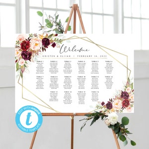 Modelli di tabella dei posti a sedere e numeri dei tavoli con motivo floreale bordeaux / Templett / 24 x 36 / Modello modificabile / Piano dei posti a sedere / Marsala Blooms