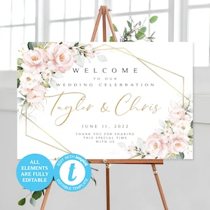Pink Floral Wedding Welcome Sign  | EDIT with Templett | DIY Template | Welcome Wedding  | Blush Roses Greenery | Pink Roses | Printable