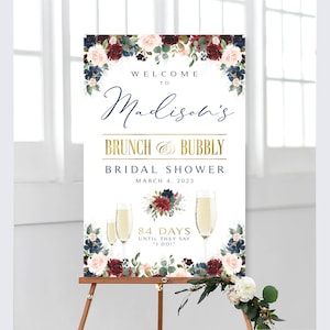 Burgundy Navy Bridal Shower Welcome Sign with Flowers (Digital Printable)