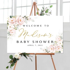 Pink Floral Baby Shower Welcome Sign: Personalized Blush Roses (Digital Download)