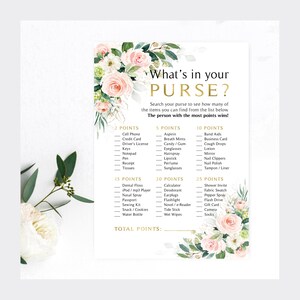 Spel roze bloemen vrijgezellenfeest | Wat zit er in je portemonnee? Spelkaarten | Etherische bloemen groen | Roze rozen | Direct downloaden | DIY-afdrukbaar