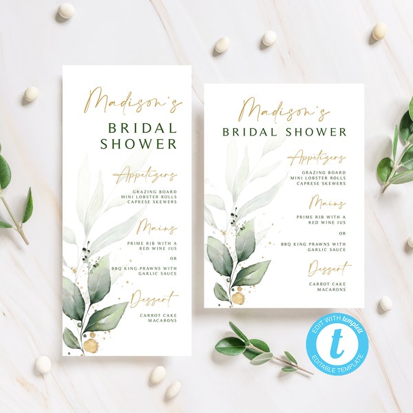 Greenery Shower Menu | Editable Menu | Templett | Two Templates | Shower Menu Card | Shower Menu | Golden Leaves | Sage Green Shower