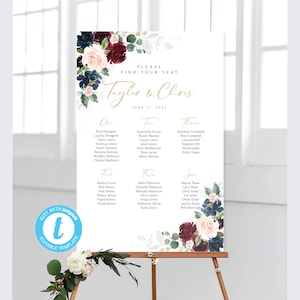 Stoelindeling bordeaux en marineblauw | BEWERKEN met Templett | Kaart- en plaatskaarten | Op tabelindeling | Stoelindeling bruiloft | Bordeauxrood en marineblauw