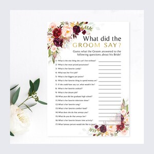 Burgundy Floral Bridal Shower Game: What Did the Groom Say (Digital Download)