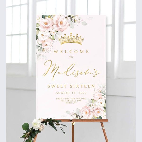 Pink Floral Sweet Sixteen Welcome Sign and Bonus Printable | Digital Download | Sweet 16 | Birthday Poster | Pink Flowers | Quince Anos