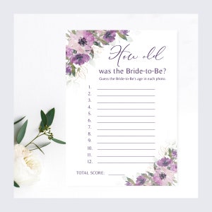 Purple Floral Bridal Shower Game: How Old Was the Bride? (DIY Printable)