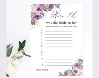 Purple Floral Bridal Shower Game: How Old Was the Bride? (DIY Printable)