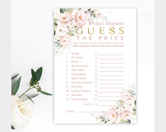 Pink Floral Bridal Shower Game | Guess The Price | 5 x 7 Game Cards | Blush Roses Greenery | Pink Roses | Instant Download | DIY Printable