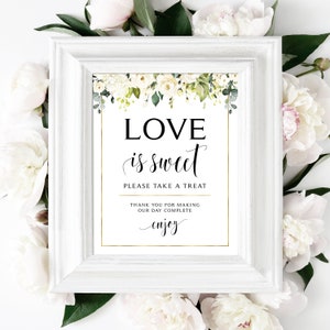 Greenery Liebe ist süß Zeichen | 2 Größen | Hochzeit Zeichen | Druckbar | Dessert-Tisch | Creme Rosen | Sofortdownload | Zum Selberdrucken