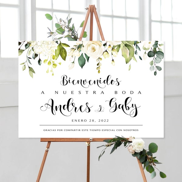 Greenery Bienvenidos a Nuestra Boda Sign / Signo de boda español / Personalizado / Rosas crema y vegetación / Rosas blancas / DIY imprimible