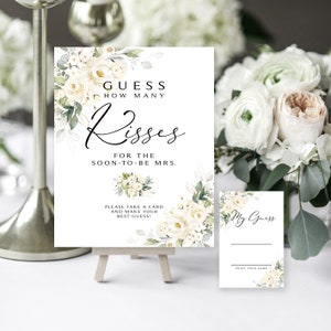 Greenery Bridal Shower Game: How Many Kisses Sign & Card (DIY Printable)