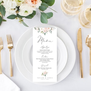 Menú personalizado con flores rosas / Letrero personalizado / Menú de cena de bodas / Tarjeta de menú de mesa / 4 x 9 / Rosas ruborizadas / Rosas rosadas / Imprimible DIY