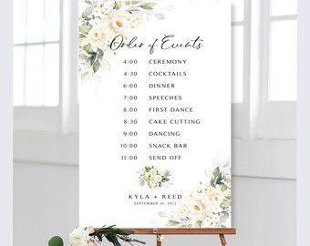 Greenery Order of Events Sign and Bonus Printable | Wedding Timeline | Personalized | Various Sizes | Cream Roses | Sage Green Wedding