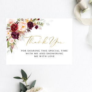 Burgundy Floral Thank You Card: Bridal or Baby Shower (Digital Download)
