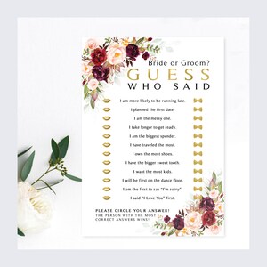 Burgundy Floral Bridal Shower Game | Guess Who? | 5 x 7 Game Cards | Marsala Blooms Greenery | Instant Download | DIY Printable