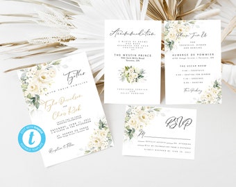 Greenery Wedding Invitation Suite | EDIT with Templett | 5 Templates | Editable Templates | Cream Roses Greenery | White Roses | Evite