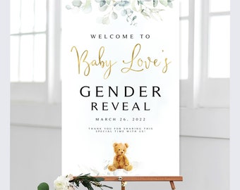 Greenery Teddy Bear Gender Reveal Welcome Sign and 2 Bonus Printables | Gender Reveal Decor | Personalized | Eucalyptus and Teddy Bear