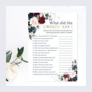 Burgundy Floral Bridal Shower Game: What Did the Groom Say (Digital Download)