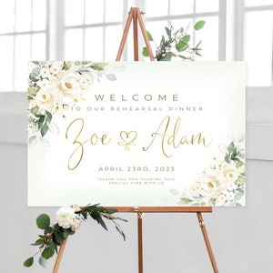 Greenery Rehearsal Dinner Welcome Sign and Bonus Printable | Digital Download | Rehearsal Dinner Decor | Cream Roses | White Roses