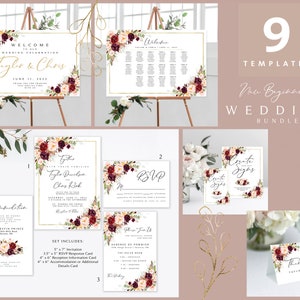 Burgundy Floral Kleines Hochzeitspaket einschließlich Einladungspaket, Willkommensschild, Sitzplan und mehr | Marsala Blüten | Blumen Burgunderrot