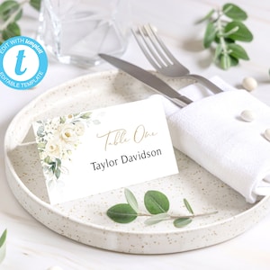 Modelo de cartões de lugar com vegetação | Plano e dobrado | Editável | Cartões de nome de casamento | Para impressão | Cartões de nome florais | Assentos de casamento