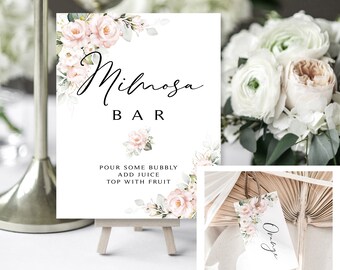 Pink Floral Mimosa Bar Sign and Tags | Shower Decor | Mimosa Sign | Bubbly Bar | Blush Roses Greenery | Pink Roses | Instant Download