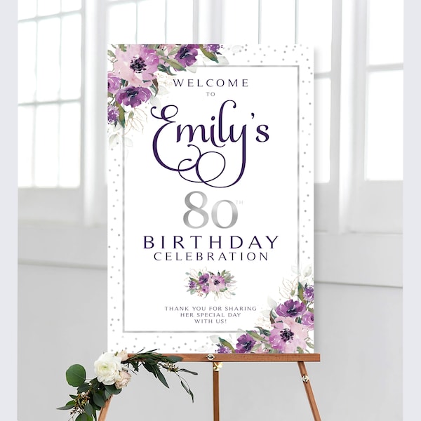 Purple Floral Birthday Welcome Sign and Bonus Printable | Digital Download | Purple Party Poster | Personalized Birthday | Purple Flowers